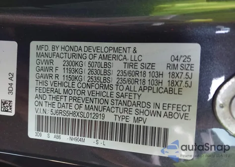 2025 Honda Cr-V Hybrid Sport-L из США, поврежденный, VIN 5J6RS5H8XSL012919